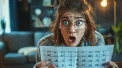 Woman looking at a calendar with a shocked expression, realizing she missed an important appointment after a night of drinking.