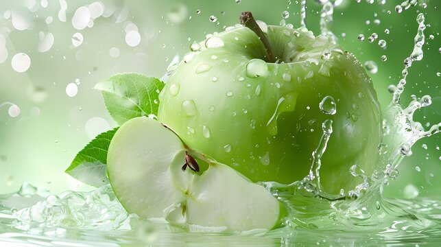 A vibrant green apple splashes into water against a green background, depicting freshness.