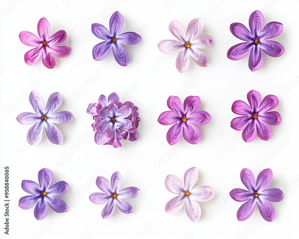 Poster an isolated set / collection of small purple lilac flowers isolated over a transparent background, w