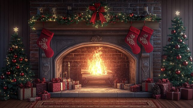 Classic Christmas background with fireplace, stockings, garland, warm glow, cozy and nostalgic holiday feeling.