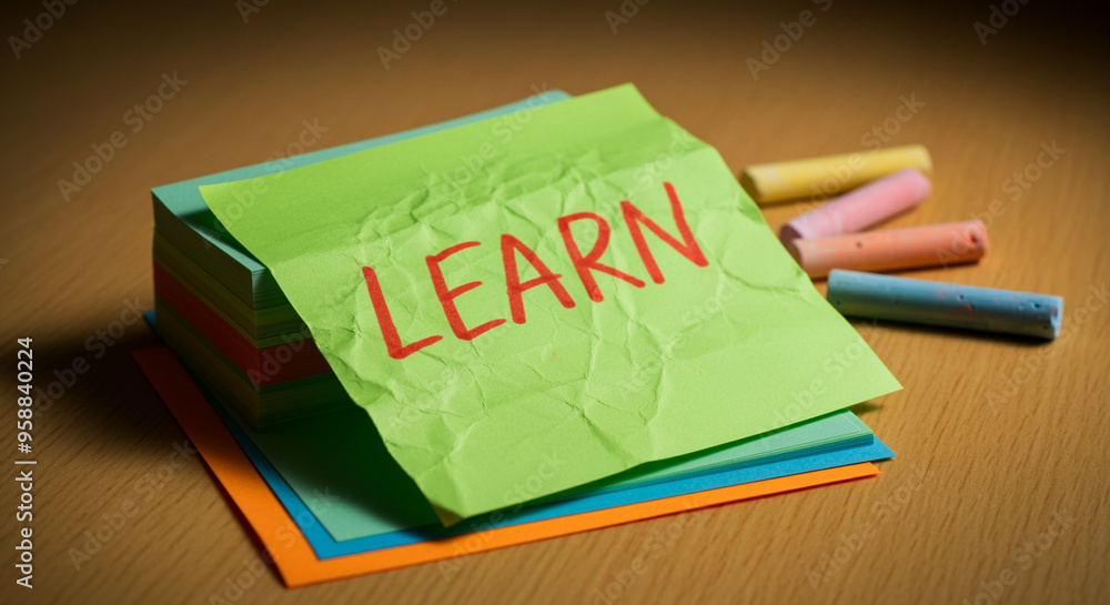 Poster sticky notes with handwritten learn note on colorful backdrop for study or organization