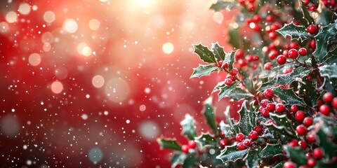 Vibrant Christmas backdrop with red and green color scheme, snowflakes, holly leaves, sparkling accents, traditional holiday spirit.