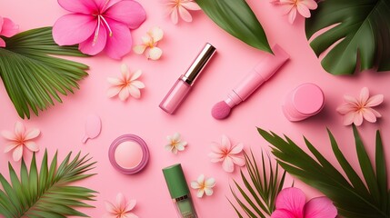 Colorful flat lay of beauty products surrounded by pink flowers and tropical leaves on a pastel pink background