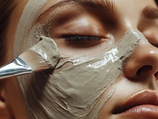 Close-up of a woman's face with a detox mask being applied with a brush, highlighting the smooth texture and pore-reducing effects.