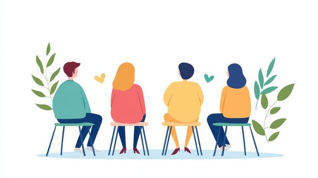 Patient with dynamic support group, therapy session, flat design illustration