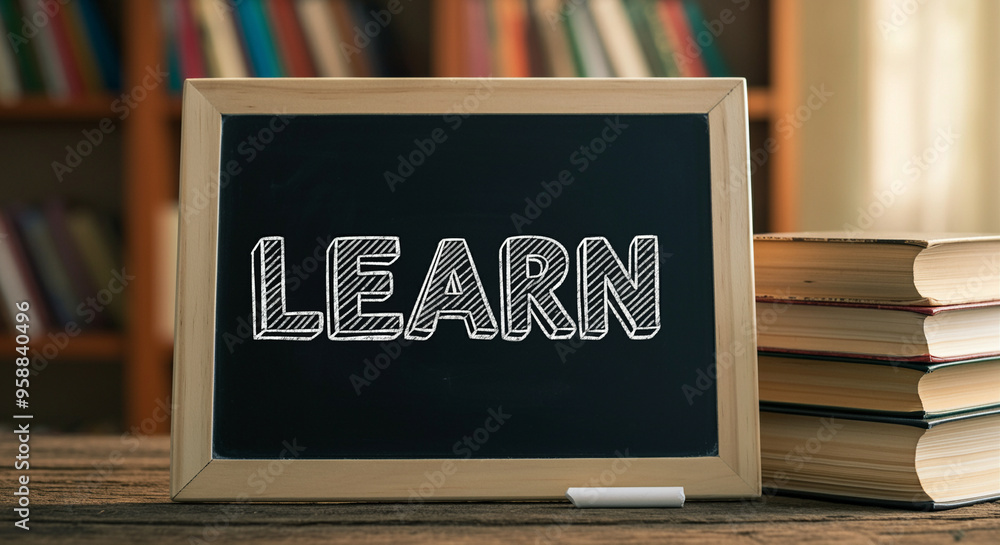 Poster chalkboard with learn text in classroom setting with books