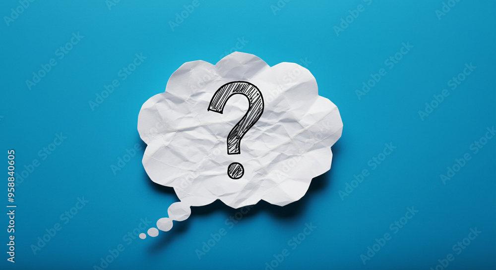 Poster crumpled speech bubble with question mark on blue background highlighting communication and inquiry