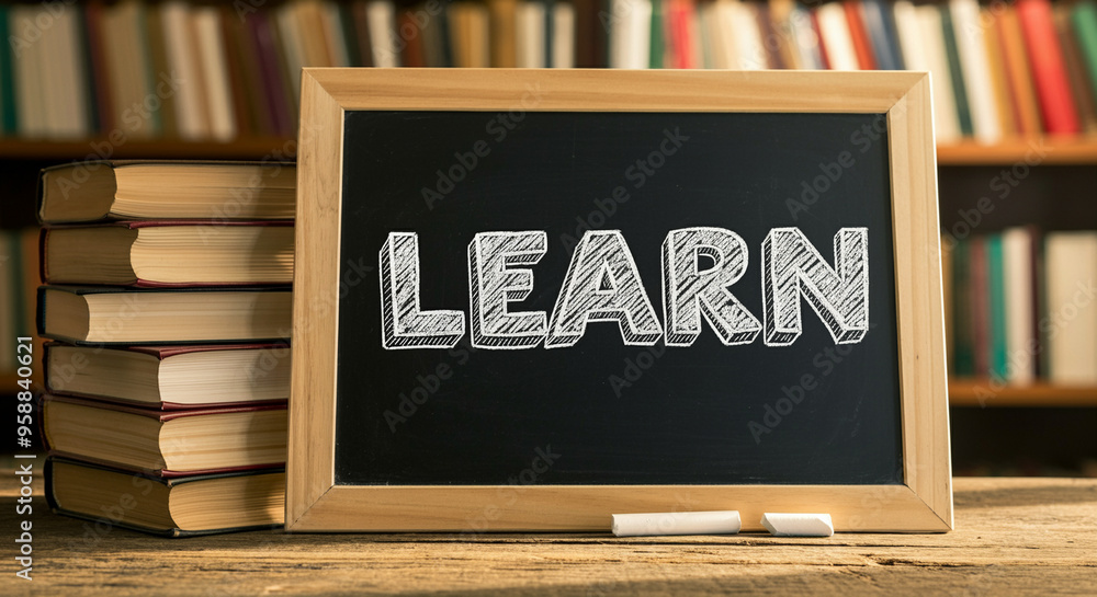 Poster chalkboard with learn text and books on wood table for education and study
