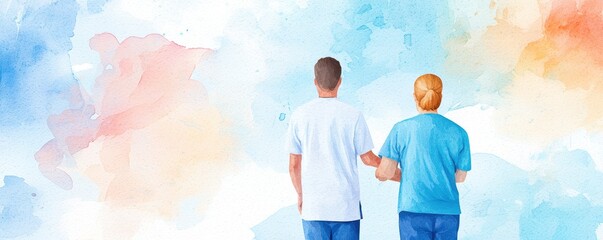 Dynamic physical therapy session, therapist guiding patient through exercises, Watercolor style