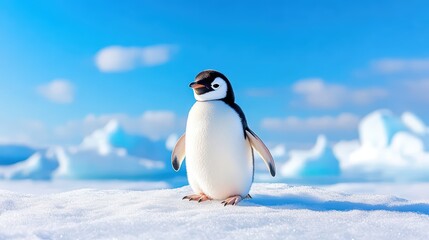 Obraz premium A charming penguin stands on the bright, icy landscape, showcasing the beauty of nature in a serene winter setting.