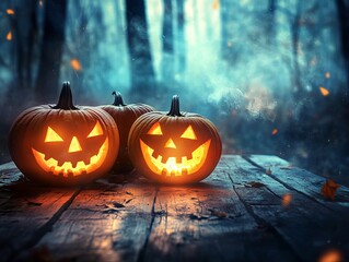 Full Moon Halloween Night with Spooky Forest and Pumpkin Heads