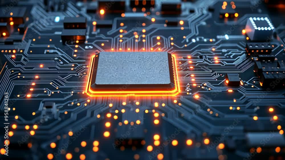 Poster camera zooming on glowing cpu microchip on motherboard