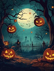 Fototapeta premium Full Moon Halloween Night with Spooky Forest and Pumpkin Heads