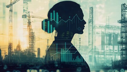 Silhouette of a Woman Against a Background of Construction and Industry with Financial Graphs