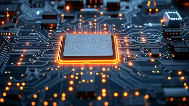 Camera zooming on glowing cpu microchip on motherboard