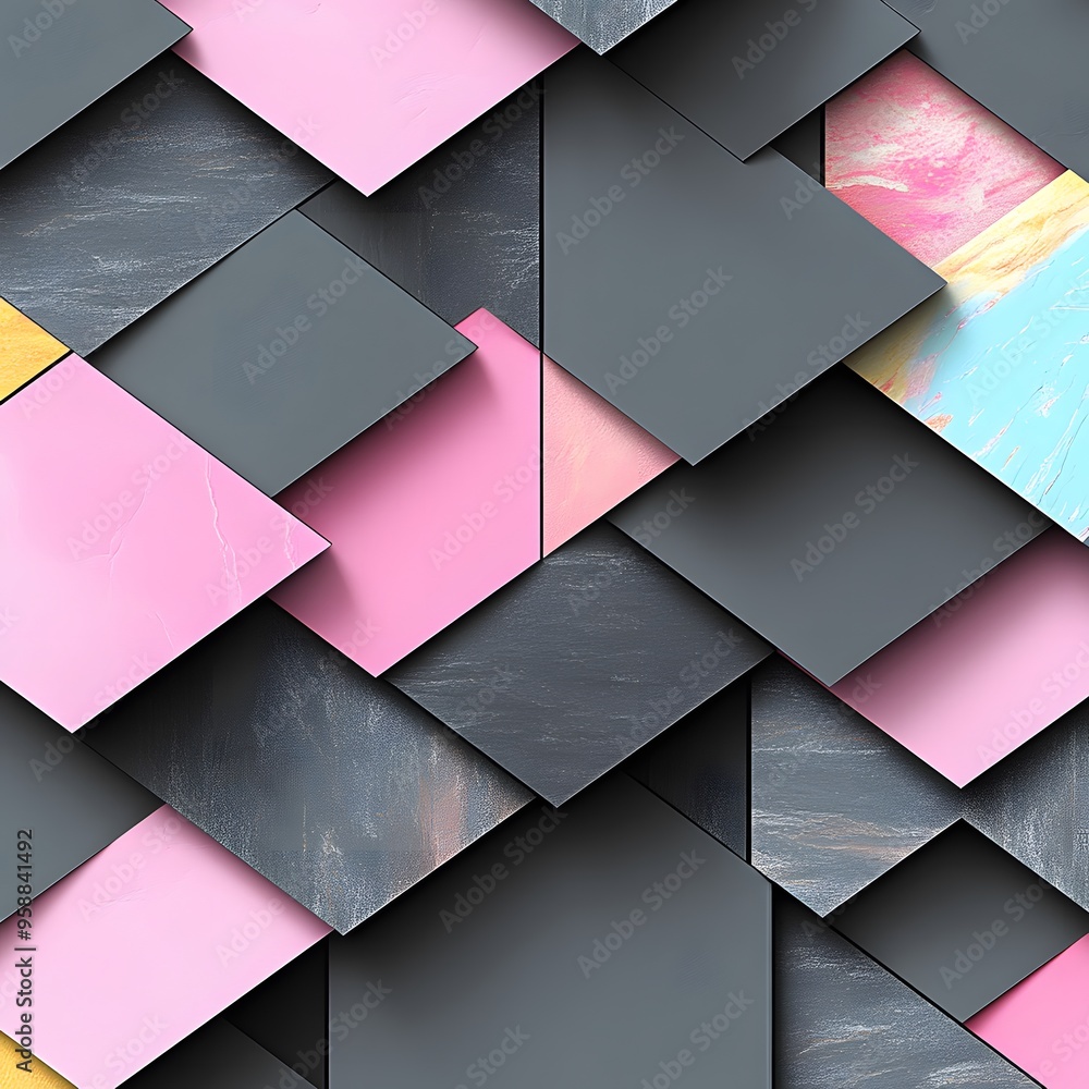 Wall mural a colorful and abstract pattern of squares and triangles. the squares are pink and gray, and the tri