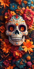 Vibrant Day of the Dead calavera poster with intricate sugar skull details, colorful flowers, and bold festive patterns.