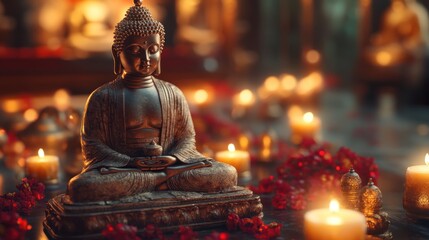 Fototapeta premium Full-length small Buddha figure on traditional altar with warm light and space around edges.
