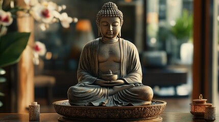 Full-length small Buddha statue on decorative tray with gentle light and space around edges.