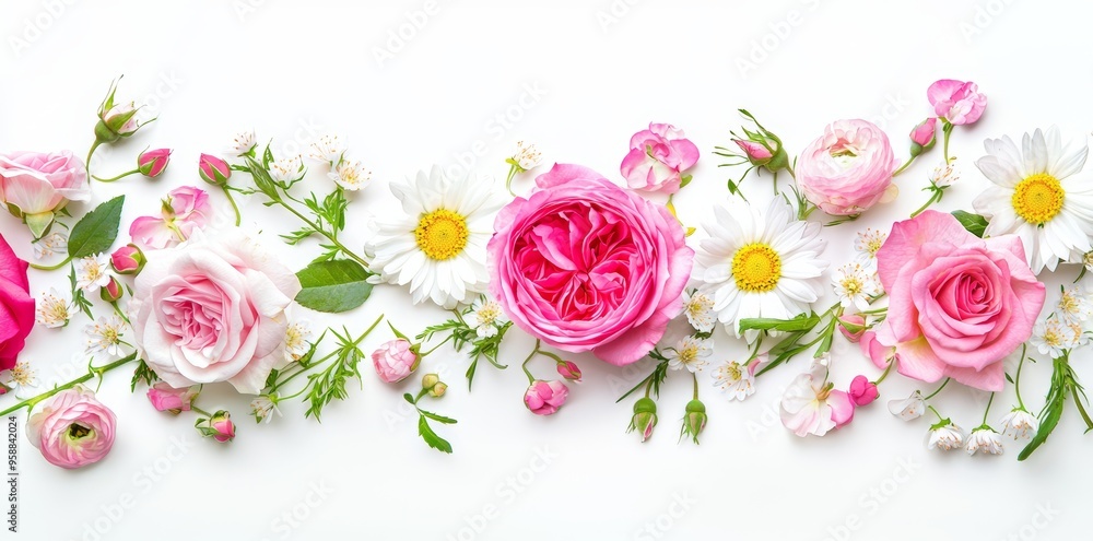 Wall mural Spring greeting card or invitation template with pink flowers on the edges. Stock photo imitation.