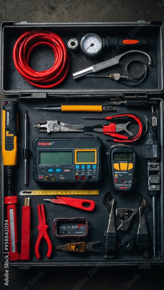 Poster top view of a metal workbench, displaying various car mechanics tools like a digital multimeter and 