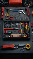 Top view of a metal workbench, displaying various car mechanics tools like a digital multimeter and calipers.