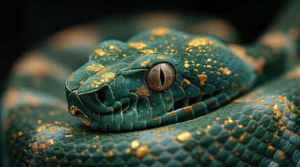 Green snake with gold accents in natural habitat