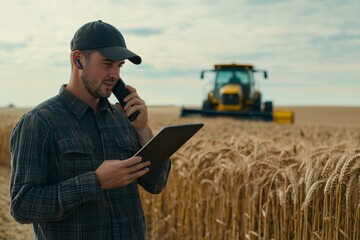 Harvesting equipment is working in the background as a farmer uses a tablet for harvest management and talks on his cell phone; Alcomdale, Alberta, Canada.