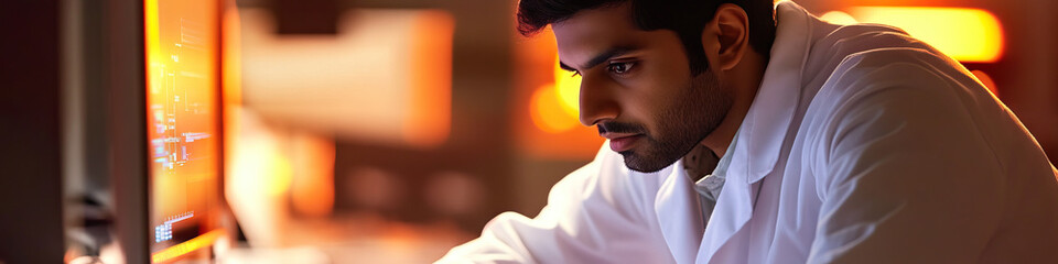 Indian engineer wearing a white lab coat, working at a computer screen