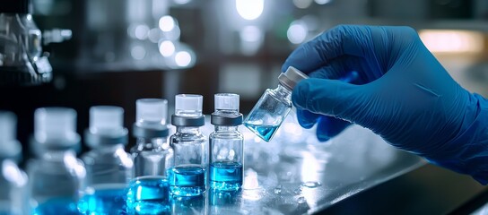 The production line of a pharmaceutical factory with medical vials and gloves.