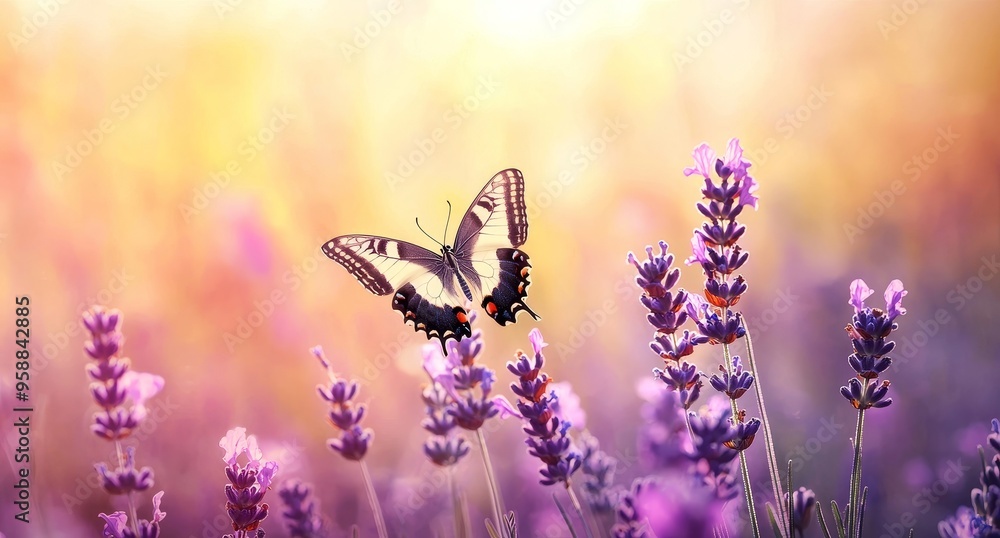 Poster the sunset reveals wildflowers in a meadow. macro image with shallow depth of field. abstract summer