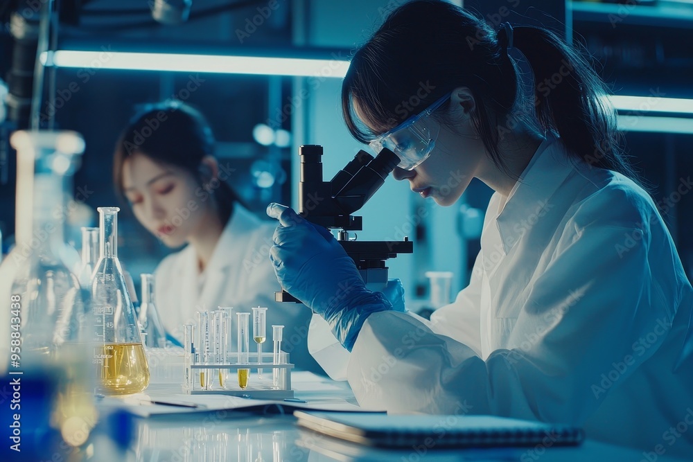 Poster researchers looking through microscopes in the laboratory.
