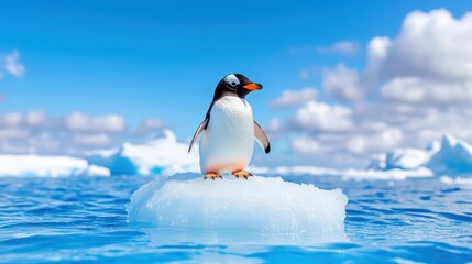 Obraz premium A cheerful penguin stands on a small iceberg, surrounded by clear blue waters and fluffy clouds, embodying the beauty of nature.