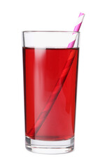 Tasty juice in glass and straw isolated on white