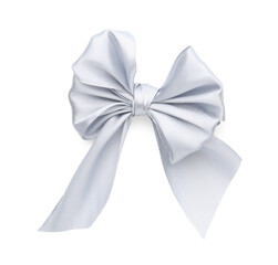 One silver satin bow isolated on white, top view