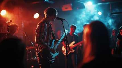 A youth culture band performing on stage at a local music venue, with energetic and enthusiastic crowd interactions.