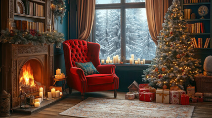 Obraz premium Cozy holiday living room with decorated tree and roaring fireplace in winter wonderland setting