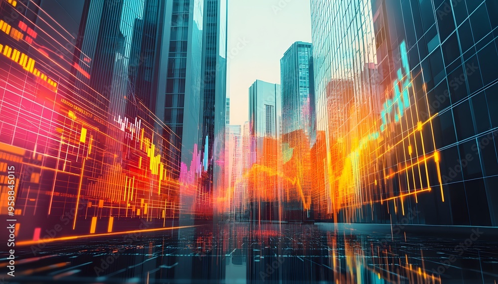 Poster futuristic cityscape with abstract data visualizations