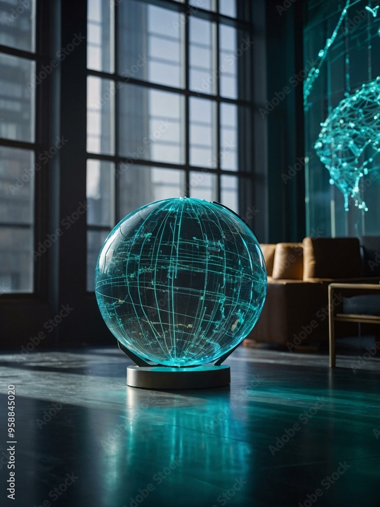 Poster turquoise holographic globe showcasing interactive data pathways and immersive experiences.