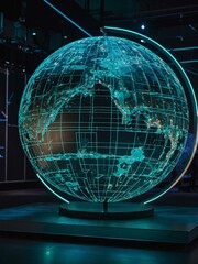Turquoise holographic globe showcasing interactive data pathways and immersive experiences.