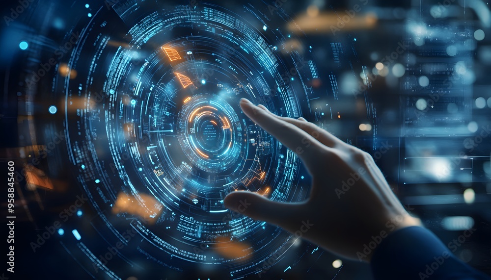 Poster hand interacting with a holographic interface with futuristic data