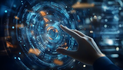 Hand Interacting with a Holographic Interface with Futuristic Data