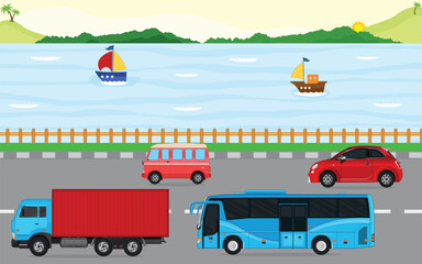 Road and sea illustration with boat and many vehicles