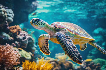 Obraz premium A majestic sea turtle glides gracefully through a vibrant underwater coral reef, depicting the diversity and beauty of marine life and the importance of ocean conservation.