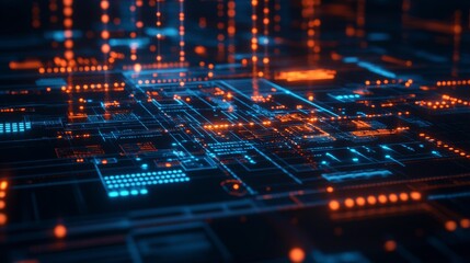 Obraz premium Abstract Digital Network Background with Blue and Orange Lights.