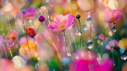 Colorful flowers with raindrops glisten in a sunlit garden during springtime early in the morning