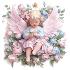 Fototapeta premium A delicate angelic child surrounded by colorful blooms, radiating serenity and innocence in a whimsical floral design.