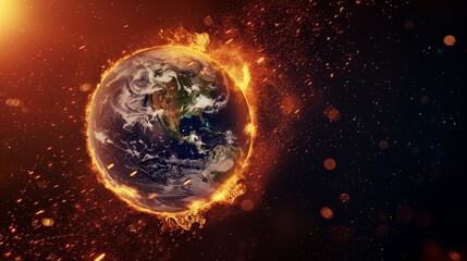 Earth burning and engulfed in flames, signifying a worldwide calamity and a shift in climate
