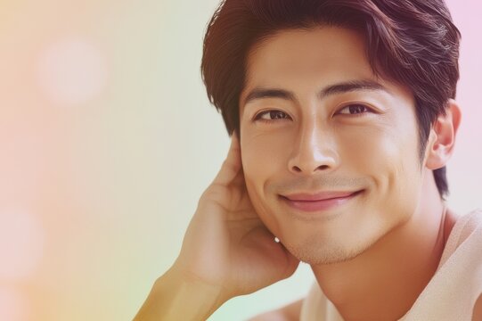 頬に手をあてる日本人男性（婚活・マッチングアプリ・ボーイズラブ・BL・韓流・アイドル）