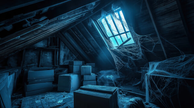 Mysterious abandoned attic with cobwebs and moonlit window